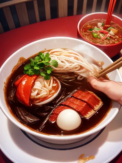 台所でramenを茹でる、Red soup、ramen、Chili pepper、Human hand holding chopsticks