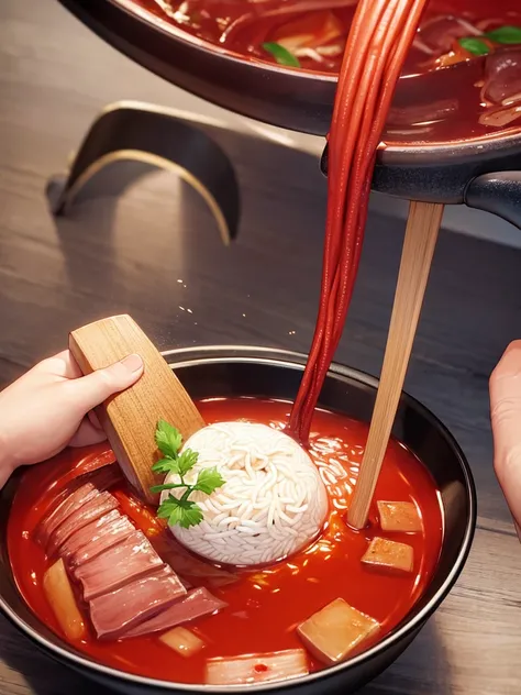 台所でramenを茹でる、Red soup、ramen、Chili pepper、Human hand holding chopsticks