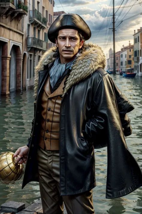 masterpiece, best quality, extremely detailed, hyperrealistic, photorealistic, a cool 40s man, ultra detailed face:1.2, fur-trimmed coat, scarf around the neck, his left hand is a golden pirate hook:1.1, venice, flood, the street is underwater, building de...