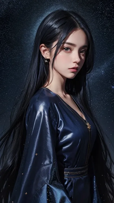 Hyperrealistic photo,girl dark blue hair, with stars background, espejo amarillo , reflejando las estrellas