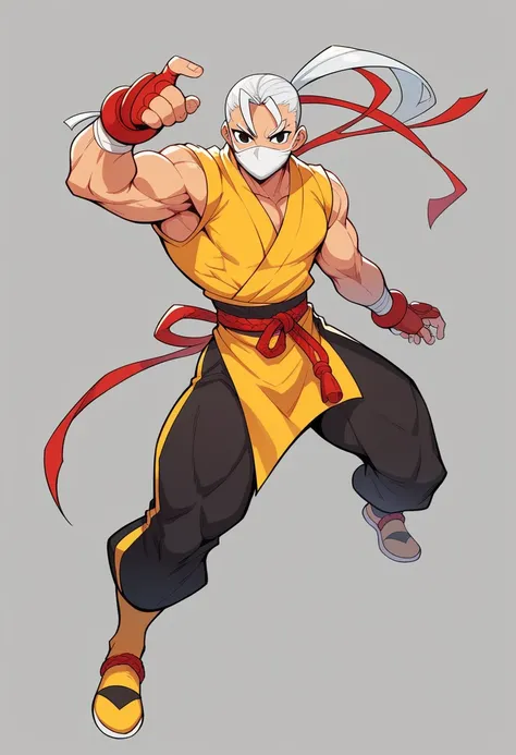 Sguaag, street fighter character wearing blue and yellow ninja outfit with red accents, white face mask with black eyes, full body, muscular build, character design, concept art --ar 5:8 --s 750 --niji 6