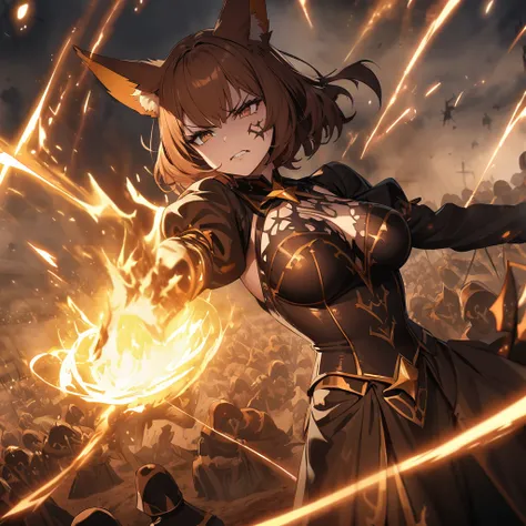 hand drawing, high detail, kitsune necromancer on a battlefield, using magic to raise the dead, sexy outfit, brown hair, brown eyes, evil