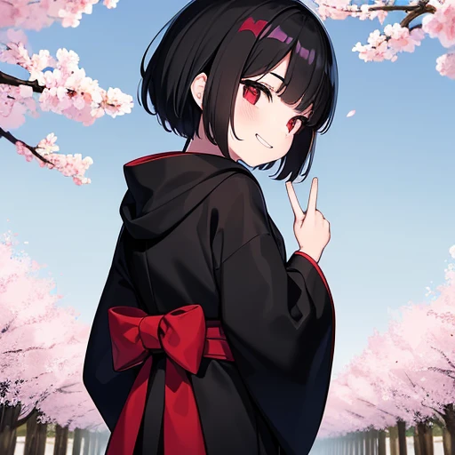 Little kid anime girl with short black hair and red eyes and a long sleeve black hooded ancient Japanese cloak with heavy blood stains and black ancient Japanese pants and wearing a gold medallion with her back facing the screen and she is looking back wit...