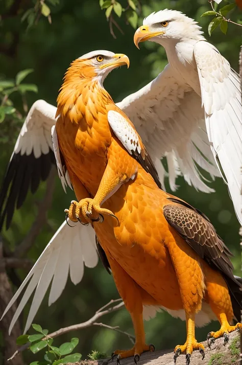 An orange eagle with a white head catching a lizard 