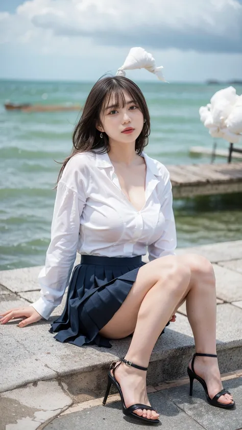 ((Viewing angle from below、Highest quality、masterpiece、32k、Every detail))、(((A strong wind blows up her hair and skirt:1.62)))、Descend the outdoor stairs、commute、Systemic symptoms、Traditional navy blue sailor uniform、White blouse、(((Mini Pleated Skirt, No ...