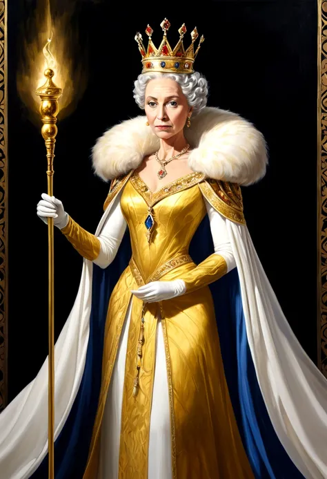 A painting，Queen，Golden crown，Holding a scepter, 