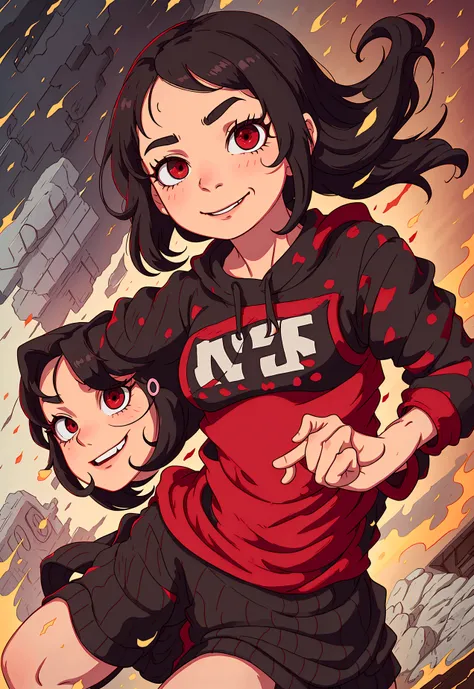 UA student, Women, BROWN SKIN, short black hair, Red eyes, antihero, Little smile, My hero academia style, hands on hip pose, black and red dress, and a short sweatshirt