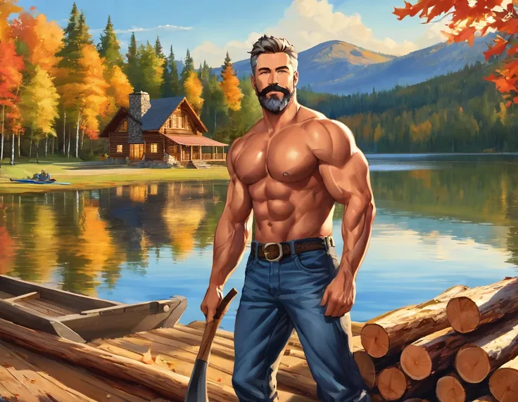 A handsome rugged man with big muscles, short random colored hair, well-manicured beard and mustache and big blue eyes. Wearing blue jeans and a flannel shirt. Chopping wood in front of a luxury log cabin next to a magnificent lake with a boat dock. It is ...