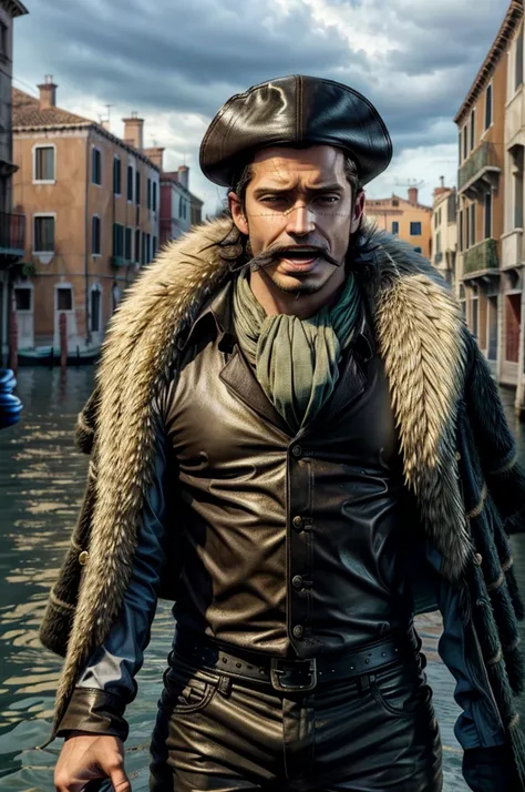 masterpiece, best quality, extremely detailed, hyperrealistic, photorealistic, a cool 40s man, ultra detailed face:1.2, fur-trimmed coat, scarf around the neck, his left hand is a golden pirate hook:1.1, venice, flood, the street is underwater, cloudy sky,...