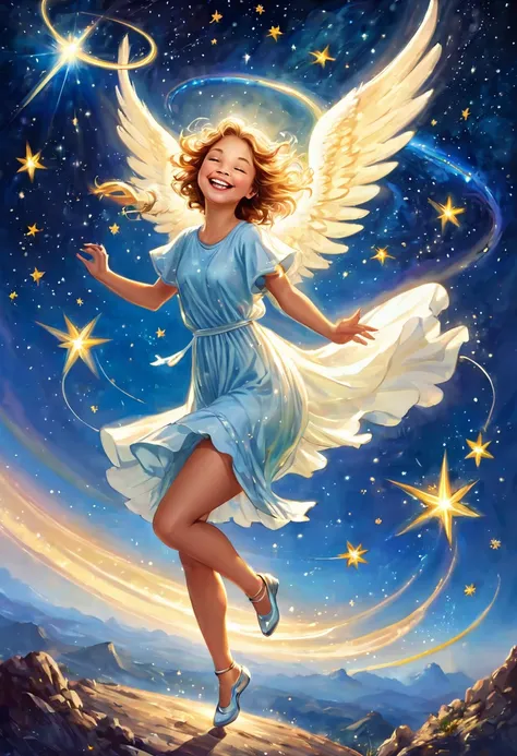 Smiling angel catching a shooting star, laughter, joy, dance, space, happiness, planet, earth, enchantment, magical light