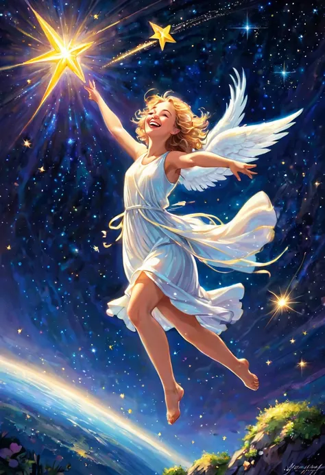 Smiling angel catching a shooting star, laughter, joy, dance, space, happiness, planet, earth, enchantment, magical light