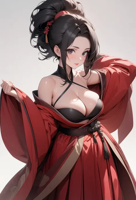 Mature big sister，Black long hair，Hair up，Red Hanfu，Showing cleavage，Show your shoulders，Beautiful black eyes，Extremely detailed，high resolution，Simple background