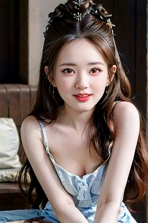 (1 Most Beautiful Mature Woman)、very detailed face、Detailed lips、Detailed eyes、double eyelids、Short brown hair, ((Laughs))、((big full breasts))、(thigh thigh thigh thigh)、(  nude )、(Portrait: 1.3), Perfect fit, depth of field、Perfect image realism, Backgrou...