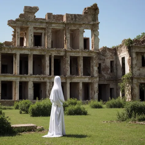 A white Ghost standing on an abandoned ruin, Where many tvs are function in static mode, the ruins are of a old House destroy by Time and sadness. In the style of Rosaleen Norton 