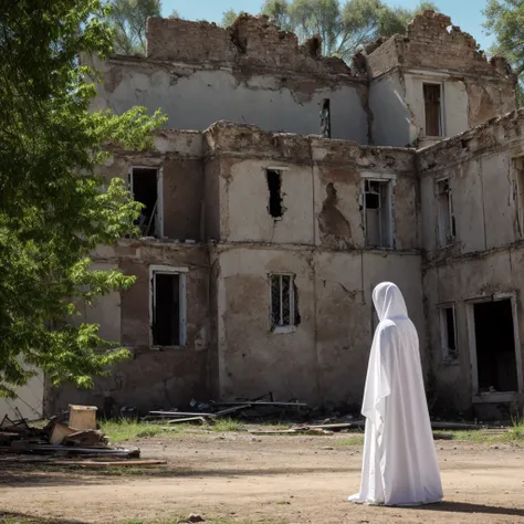 A white Ghost standing on an abandoned ruin, Where many tvs are function in static mode, the ruins are of a old House destroy by Time and sadness. In the style of Rosaleen Norton 