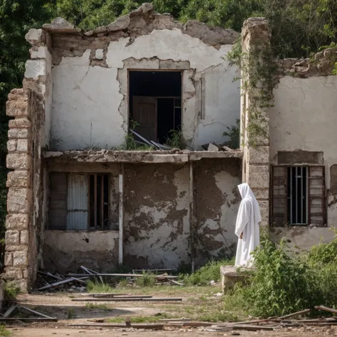 A white Ghost standing on an abandoned ruin, Where many tvs are function in static mode, the ruins are of a old House destroy by Time and sadness. In the style of Rosaleen Norton 