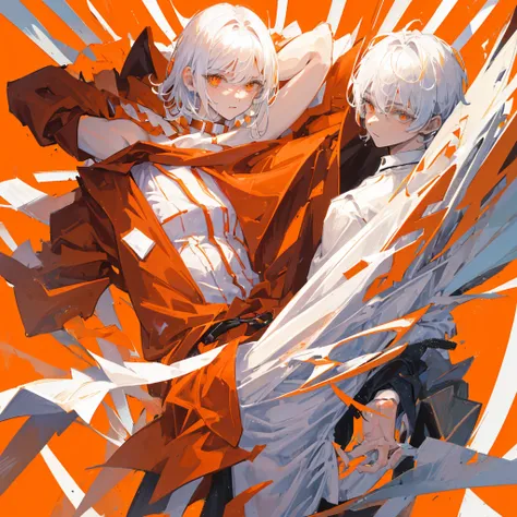 A human devil，juvenile，((male))，White short hair，Orange clothes，((Solid orange background))