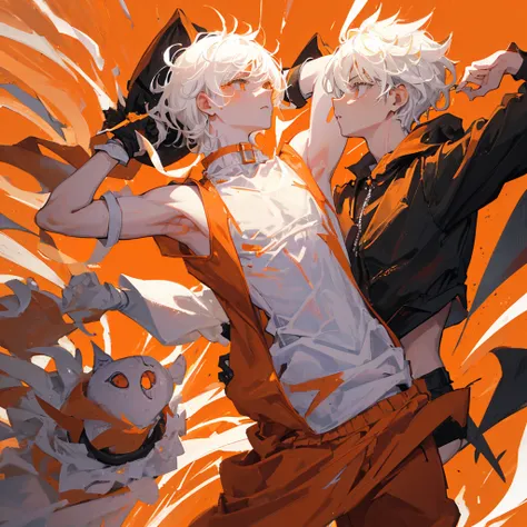 A human devil，juvenile，((male))，White short hair，Orange clothes，((Solid orange background))