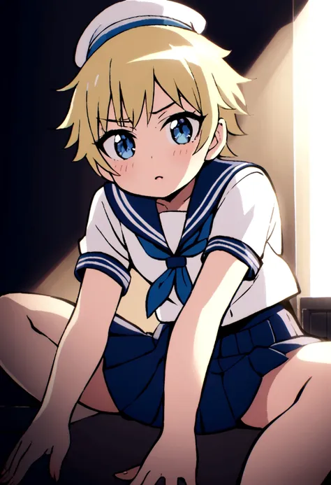 blonde,wolf cut. shota, sailor suit, sailor hat, blue eyes, tomboy, naughty