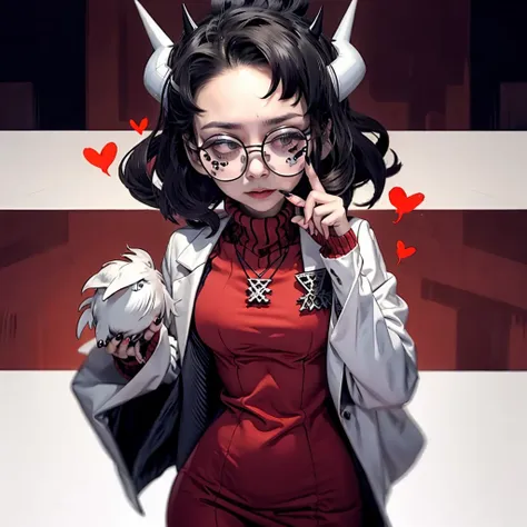 best quality, (helltaker:1),dark wavy hair, large curved horns on head, glasses with round frames, neutral facial expression, sm...