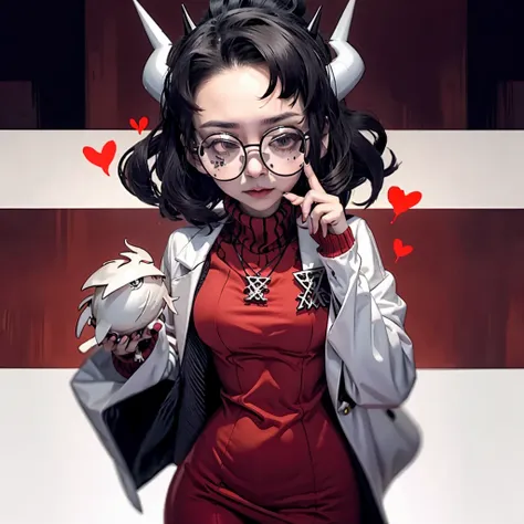 best quality, (helltaker:1),dark wavy hair, large curved horns on head, glasses with round frames, neutral facial expression, sm...