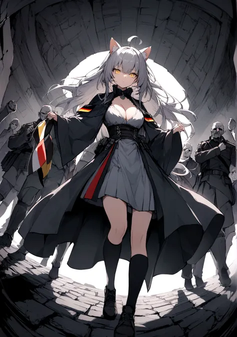 German flag in the background、Dynamic Angles、Raising the German flag、Suspicious Gathering、Surrounded by enemieasterpiece, best quality:1.2), 1girl, 独奏、Gray cat ears、Grey long hair、Ahoge、Yellow Eyes、Gray cat ears、Background of military bases、Fisheye Lens、ba...