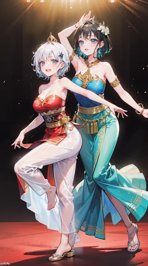 (2 young women ,beautiful woman)，smile，(light green short hair)，nobility，(princess)，blue student，tall figure，((strapless thai dr...