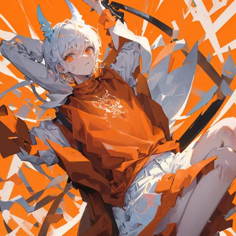 (A human devil)，juvenile，((male))，White short hair，Orange clothes，((Solid orange background))