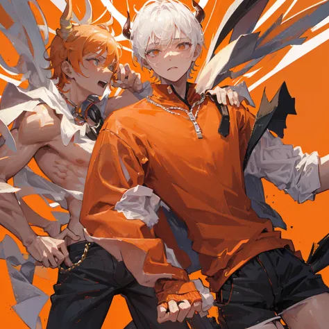 (A human devil)，juvenile，((male))，White short hair，Orange clothes，((Solid orange background))