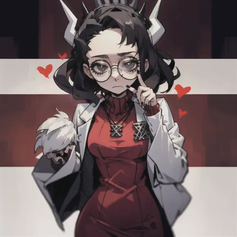 best quality, (helltaker:1),dark wavy hair, large curved horns on head, glasses with round frames, neutral facial expression, sm...