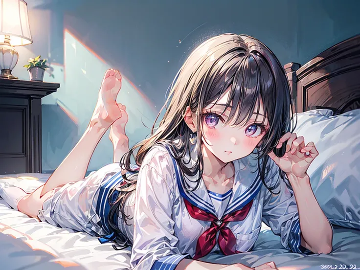 (Best quality, 8k, 32k, Masterpiece, UHD,:1.2),RAW, human, 1girl,ultra cute , ultra cute, natural lighting,transparent shining eyes, 20yo, small breast ,femur, fair complexion , flushed face, sailor suit, lying on bed, on stomach, seductive, Lying on stoma...