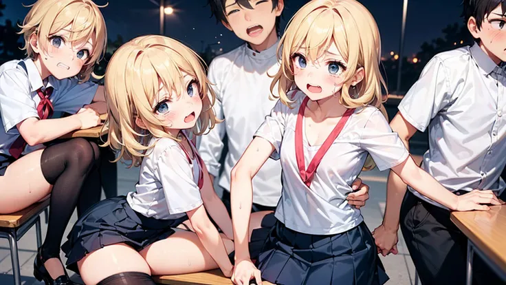 Highest quality,Highest quality,One girl,Multiple Boys,((((10 years old)))),  surrounded by boys,Flat Chest,orgasm,blush, Sweat, Sakurai Momoka,Blonde,White Sarah Outfit,Navy Blue Skirt, Not a long pleated skirt,whole body,Night Classroom, Grey pantyhose、F...