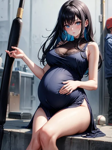 Pregnant woman with dark black hair, blue eyes, blue maternity dress, baseball bat