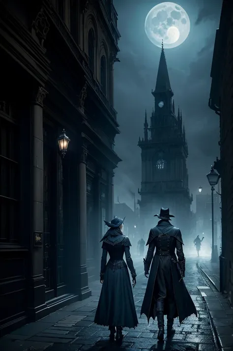 A stormy and dark setting in a Gothic Victorian era city with fog in the streets with two bloodborne hunters next to each other in the background in the streets with monsters around,with a luminous light blue moon with text written Bloodborne: Dead by Bloo...