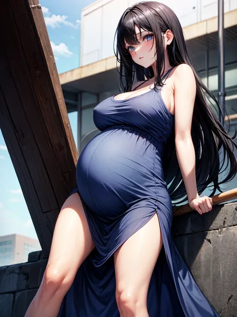 Pregnant woman with dark black hair, blue eyes, blue maternity dress, baseball bat