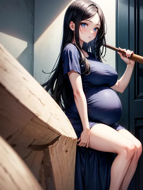 Pregnant woman with dark black hair, blue eyes, blue maternity dress, baseball bat