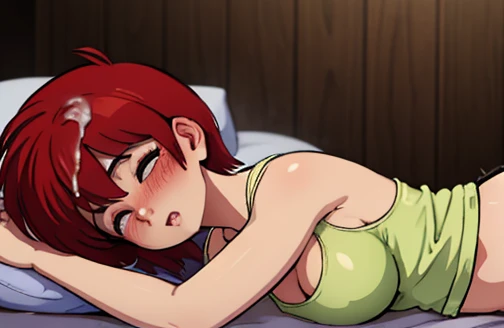 RanmaChan, short red hair, big breasts bouncing, whole body, lying on a bed, lying down, blush, toomuch cum, ropa de seda, pijama seda, Sleeping shirt, tank top