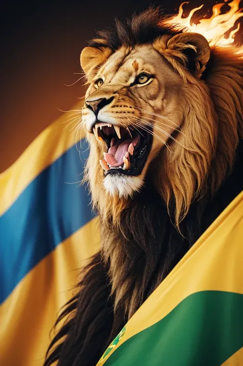 create a lion breathing fire over the Brazilian flag 