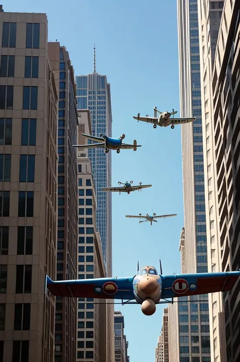 A Pixar sign that has two planes colliding with some buildings and that the title is twins
