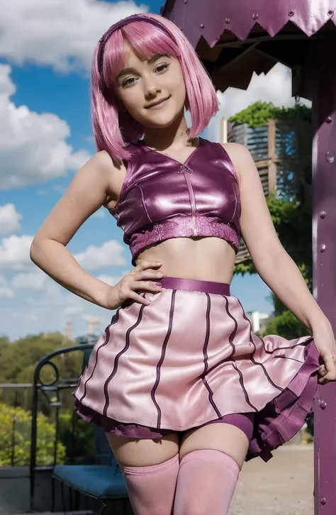 (((girl 9 years old))) ,sexy girl dress and lace stockings,stephanie | lazy town,pinkhair,((lift skirt))