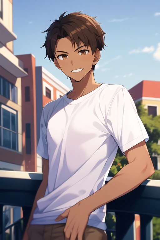 Chico, BROWN SKIN, cuarpo atletico, White tshirt, serious look, front balcony photo, looking at the viewer, dark brown hair, Brown eyes, stopped, long hair above the shoulders, boy man, smiling