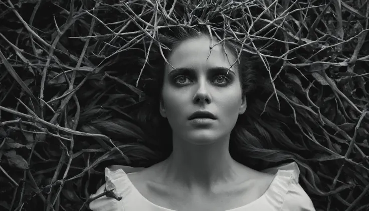 cinematic film still,From above,Juxtaposition of a eerie epic photo of a woman3 wearing white dress with her eyes opened covered in hair and thorns,solo,monochrome,greyscale,lost look, slight smile,no humans,plant,aesthetic (theme) Juxtaposition,artistic,p...