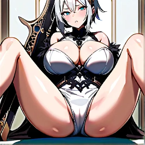 Woman with very large breasts with white hair and spreading her legs anl and sword 