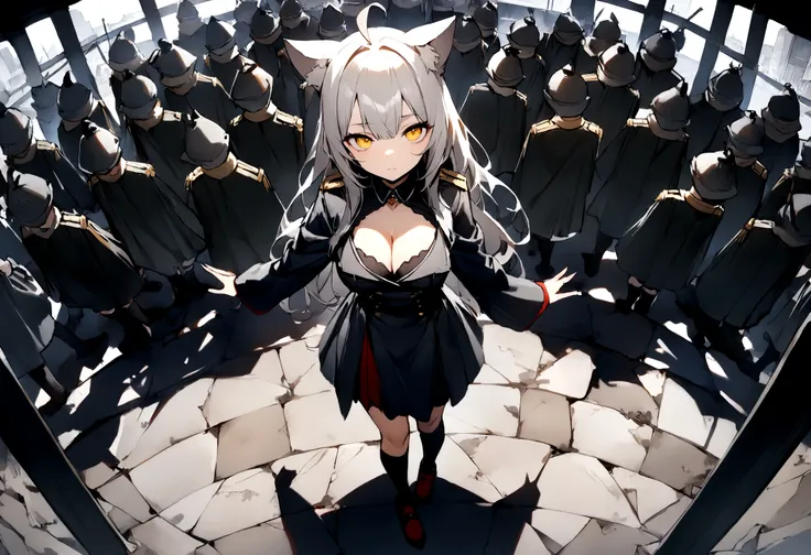 Dynamic Angles、Raising the German flag、Suspicious Gathering、Surrounded by enemies、(masterpiece, best quality:1.2), 1girl, 独奏、Gray cat ears、Grey long hair、Ahoge、Yellow Eyes、Gray cat ears、Background of military bases、Fisheye Lens、battlefield、Shadows of light...