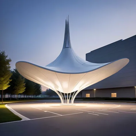 There is a huge white building in the middle of the parking lot，The roof is curved, inspired by Zha Shibiao, by Zha Shibiao, Zaha Hadid octane highly render, Web portals. Zaha Hadid, in style of Zaha Hadid architect, Futuristic Church, in style of Zaha Had...