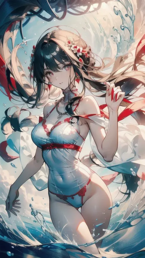 ((masterpiece, best quality)), Delicate face，goddess，Red and White，whole body，Long legs，Standing picture，Perfect body proportions，Long wavy hair，beautiful eyes，Fantasy style，Extremely beautiful，Pure white background，Water Ripples，transparent，Sexy Lingerie，...