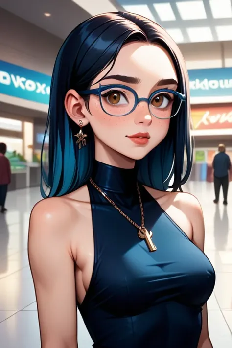 tall asian-caucasian woman; 31 years old; long black hair with blue highlights; almond-shaped brown eyes; pale Caucasian skin with freckled cheeks; slender build; perky breasts; form-fitting casual dress; wearing thick black-rimmed square glasses; shopping...