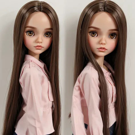 Blythe doll pretty woman with medium long straight hair with bare forehead, without fringe, light brown color, dark brown eyes, with pretty eyelashes, and small outline, White skin, medium reddish lips, with a little blush on her cheeks, with a pretty pink...