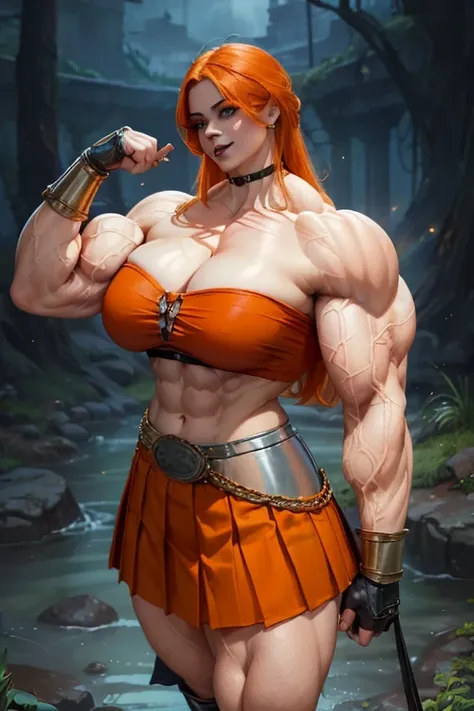 ((((Massive tall, beautiful, buff, pale white skinned muscular woman with orange hair, black lipstick, ginormous bulky muscles and wearing a orange off shoulder blouse with beautiful long pleated skirt)))), (close view), (massive muscles), long beachy hair...