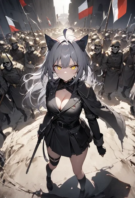 Dynamic Angles、Raising the German flag、Suspicious Gathering、Surrounded by enemies、(masterpiece, best quality:1.2), 1girl, 独奏、Gray cat ears、Grey long hair、Ahoge、Yellow Eyes、Gray cat ears、Background of military bases、Fisheye Lens、battlefield、Shadows of light...